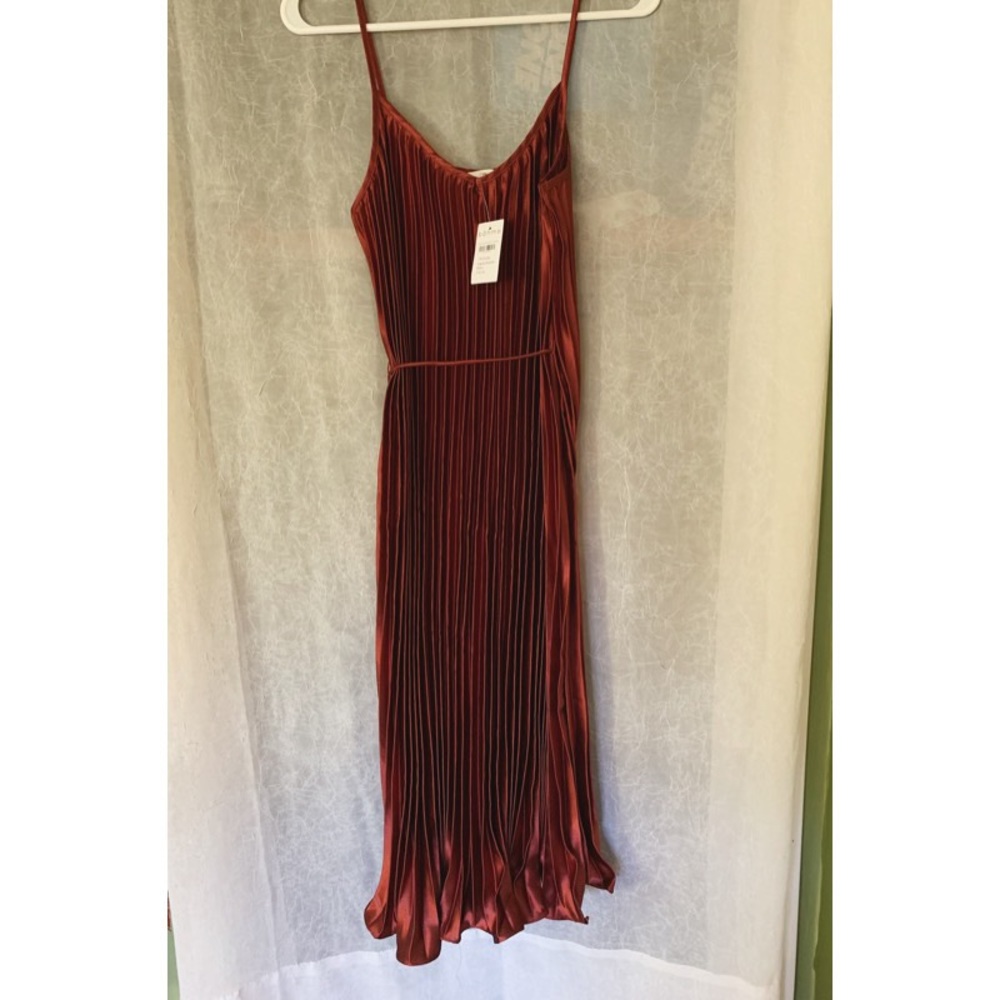 Pleated rust colored midi dress